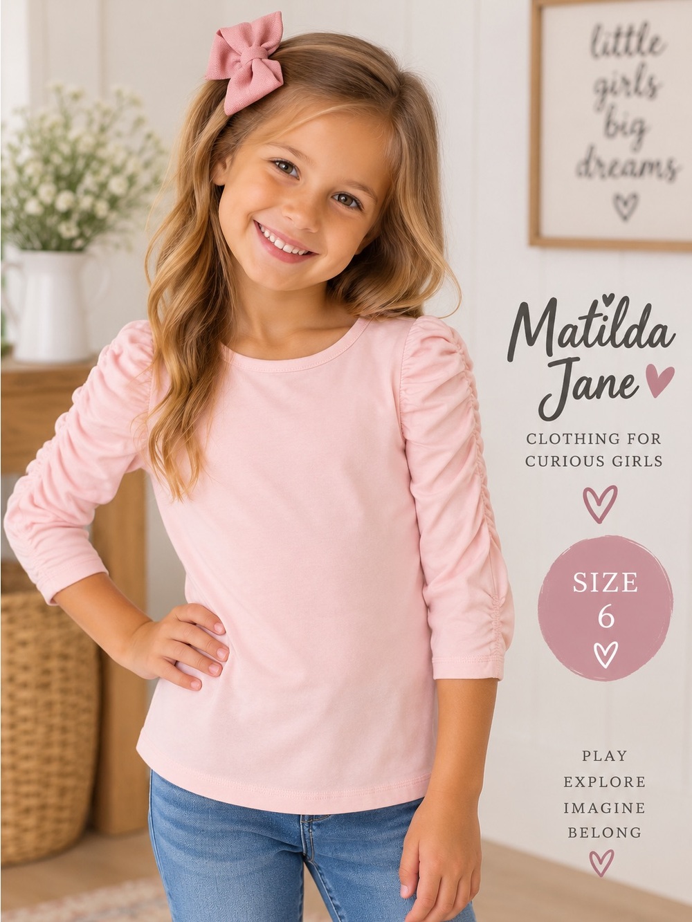 Matilda Jane Girls Pink Ruched Sleeve Top Size 6